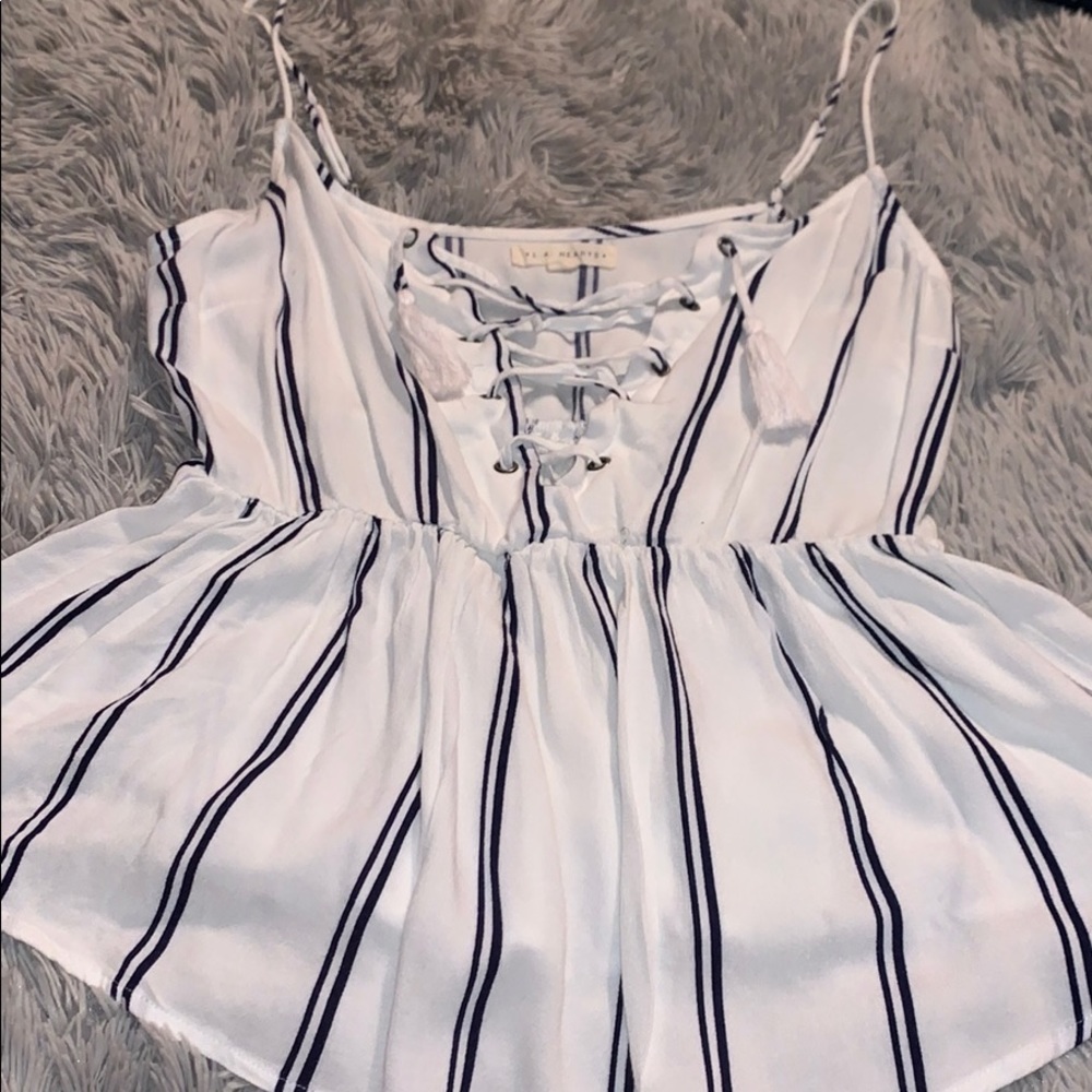 La Hearts. White peplum top with blue pin stripes
